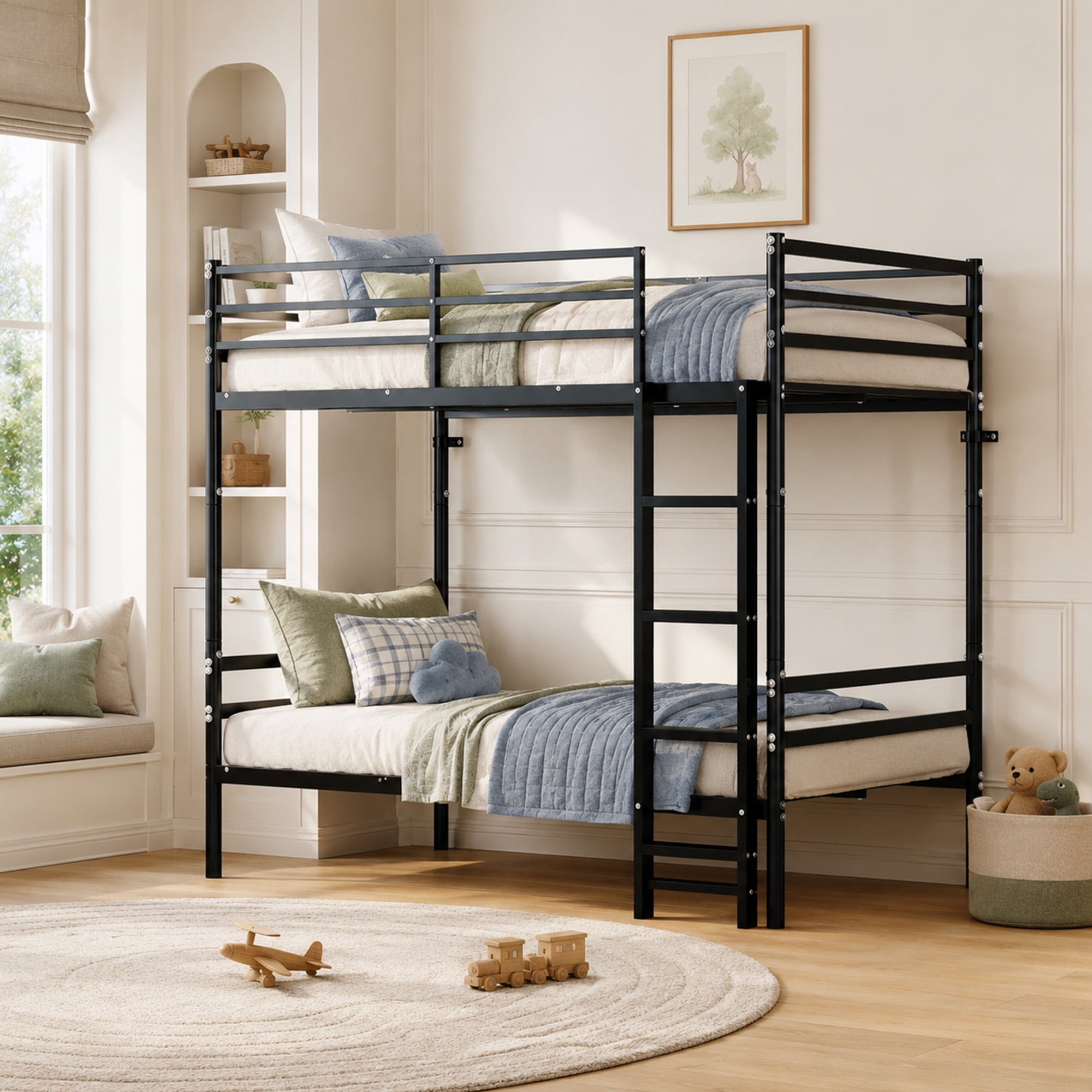 Alvantor Bunk Bed Twin over Twin, Metal Bunk Bed for Kids with Stairs and Guardrail, Converted Into 2 Twin Bed Black