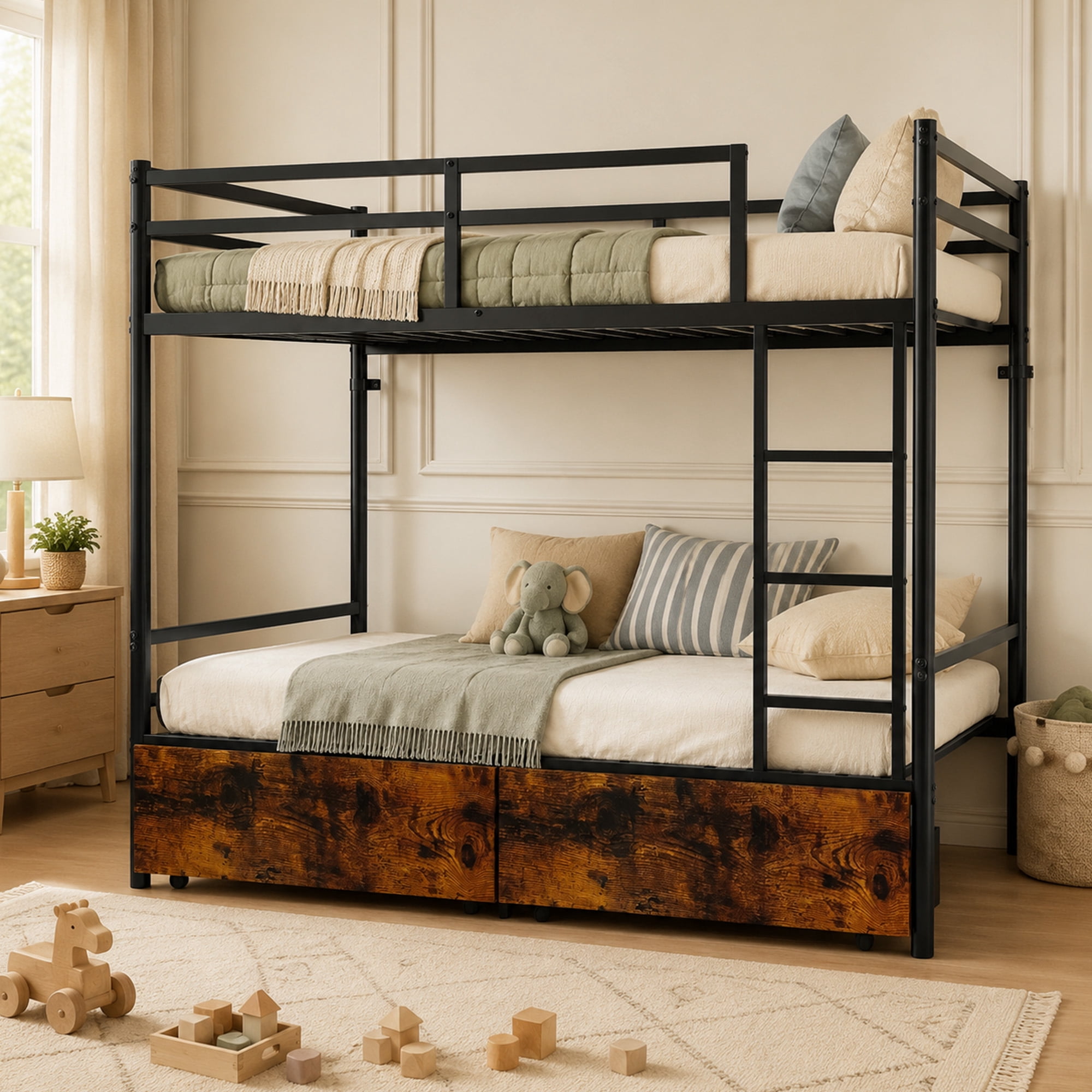 Alvantor Bunk Bed Twin over Twin for Kids, Metal Bunk Bed with Drawers Black