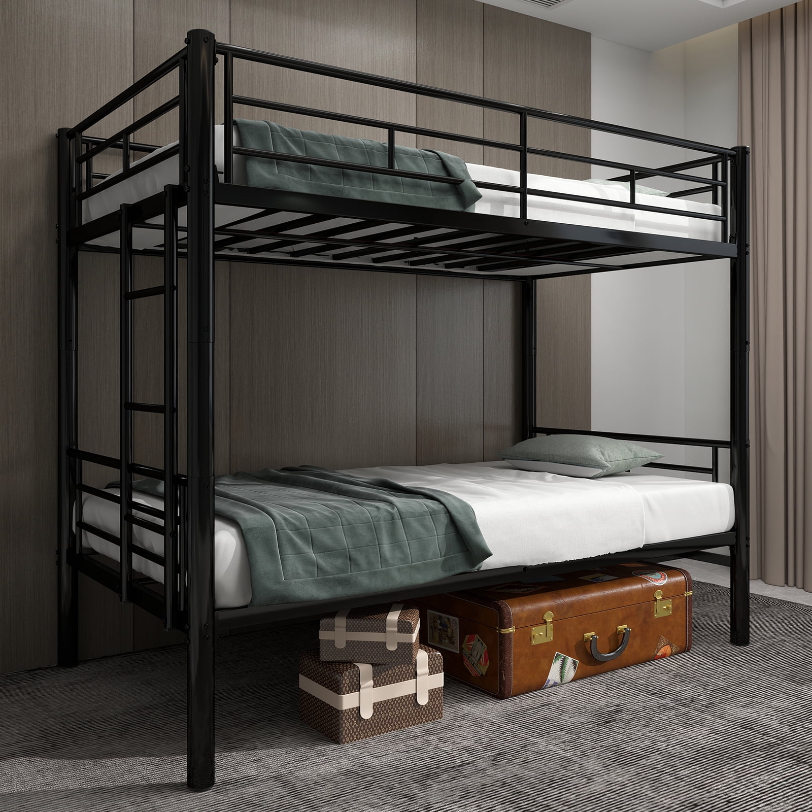 Alvantor Bunk Beds Twin over Twin Metal Convertible 2 Beds Heavy-duty Bed Frame for Kids Teens with Ladders & Guardrail Black