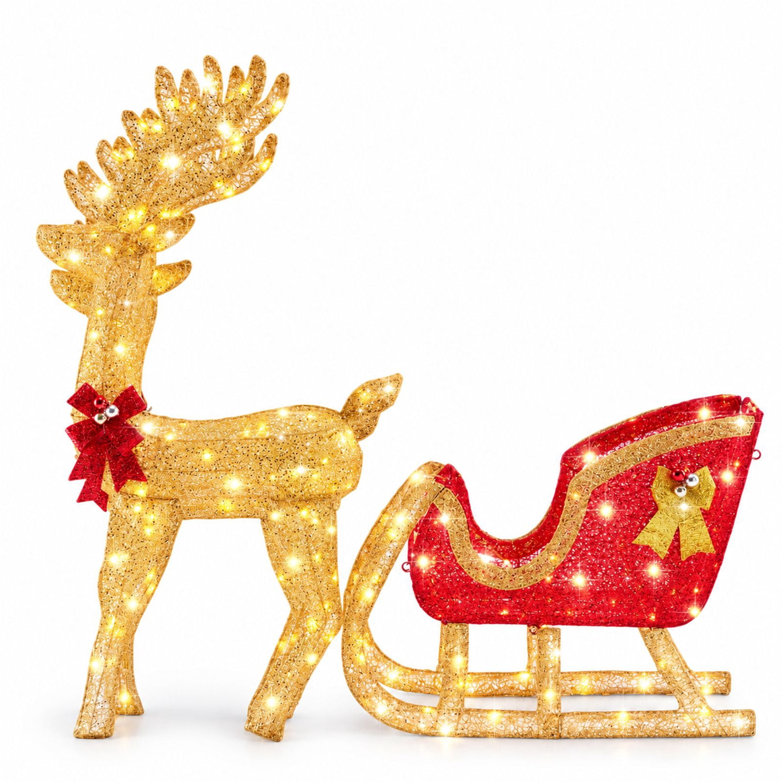 Alvantor Christmas Decoration Lighted Reindeer Sleigh, 180 LEDs, Yard Decor, Gold, 25.6 x 9.1 x 47.6 In
