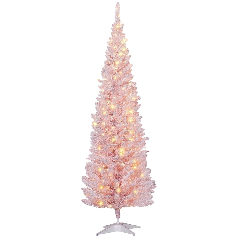 Alvantor Christmas Tree Pre-Lit Pencil with Warm White LED Lights 21.75"x21.75"x72" 6ft Pink
