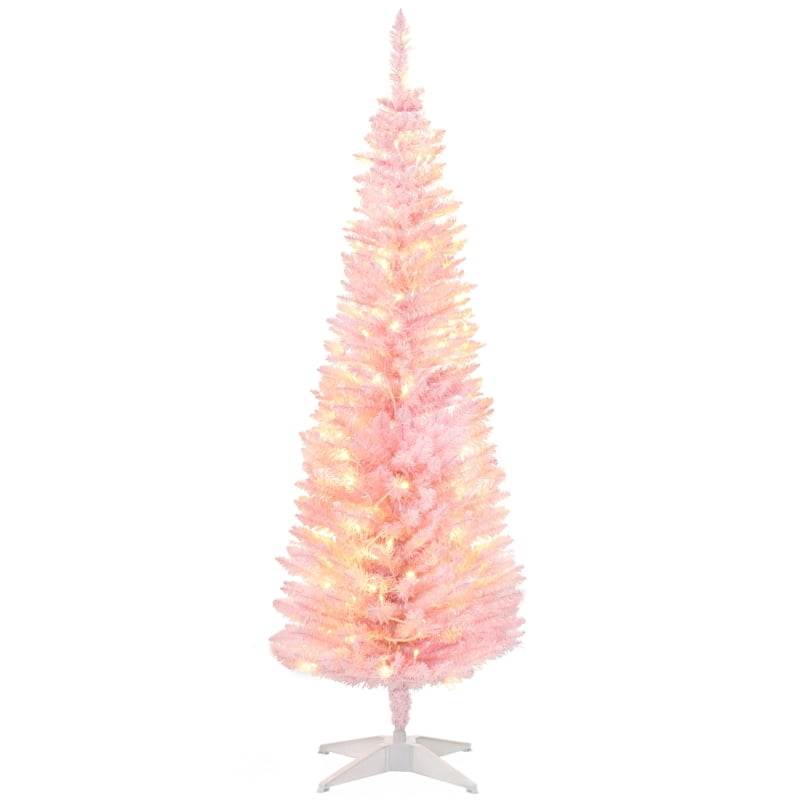 Alvantor Christmas Tree Pre-Lit Pencil with Warm White LED Lights, Slim Holiday Decor 18"x18"x60" 5ft Pink