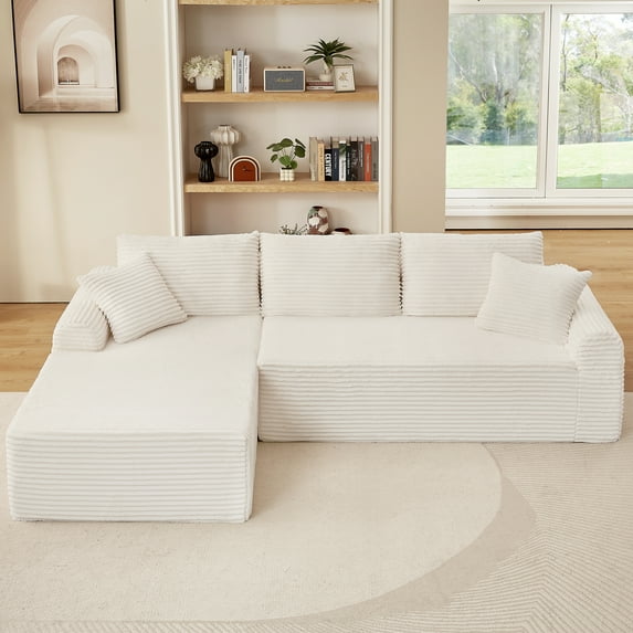 Alvantor Cloud Sectional Couch with Arched Armrests Corduroy L-Shaped Sofa 3 Seat Oversized Couch for Living Room Bedroom White