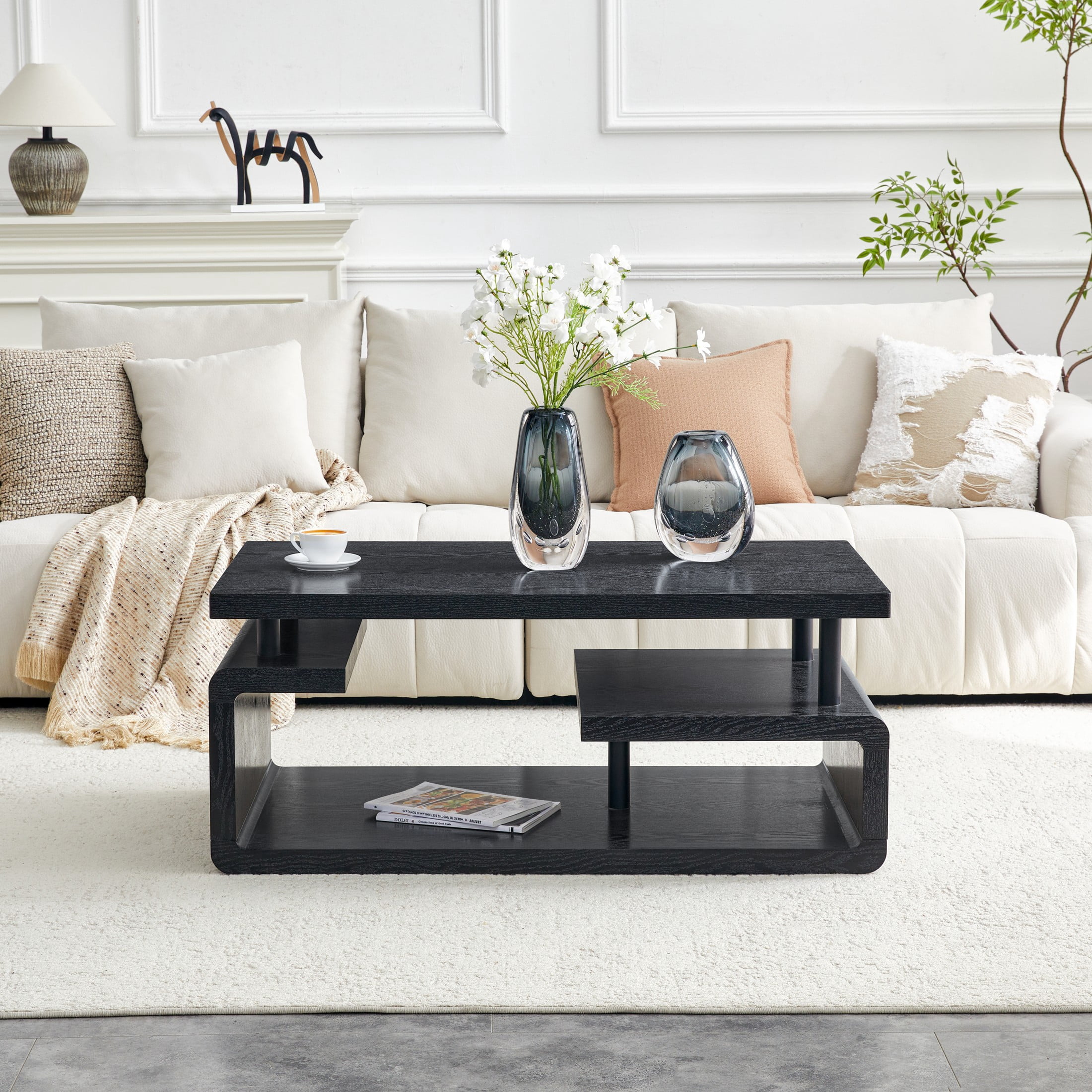 Alvantor 3-Tier Black Coffee Table with Modern Storage for Living Room 43.5 x 23.5 x 18.5in