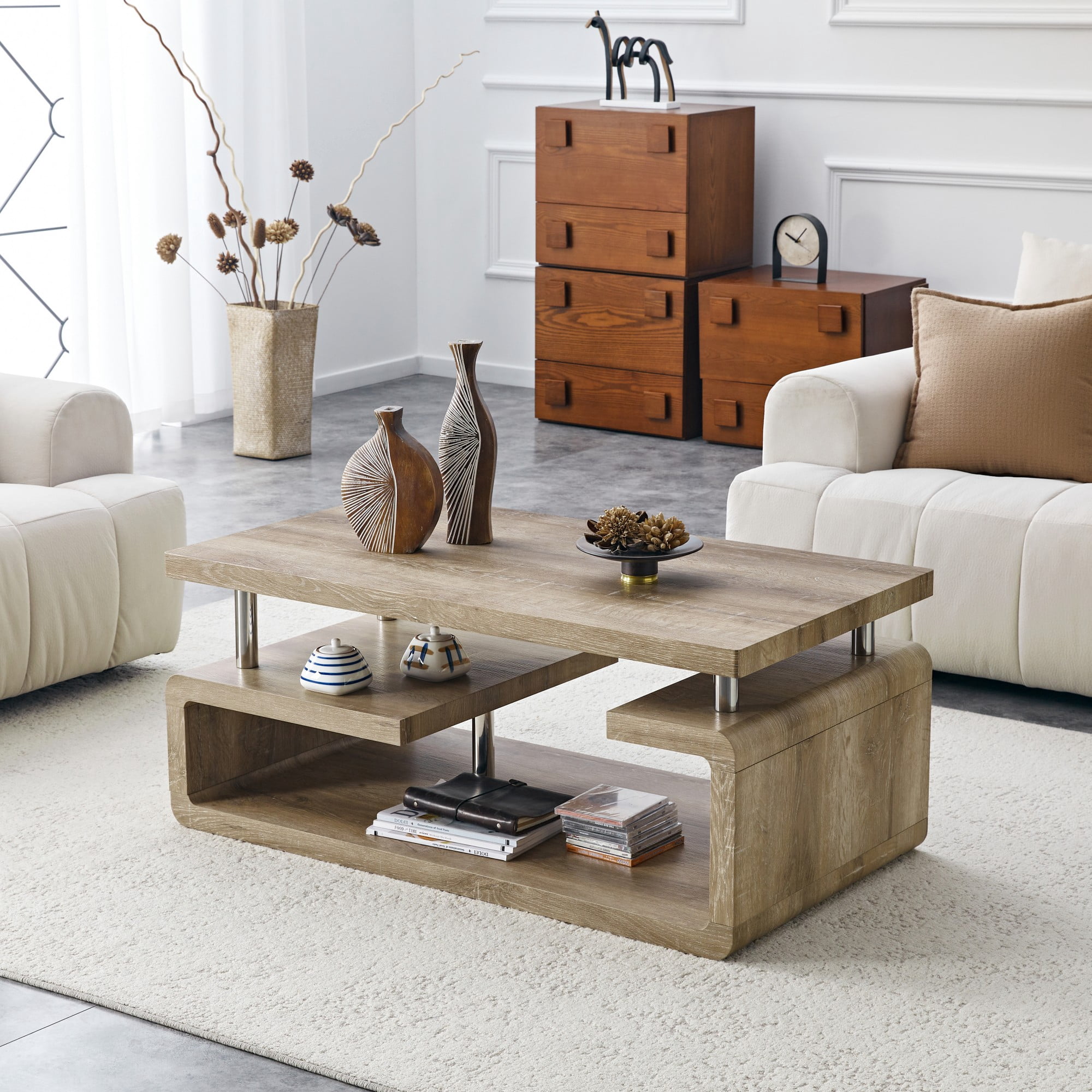 Alvantor 3-Tier MDF Coffee Table with Modern Storage for Living Room or Office