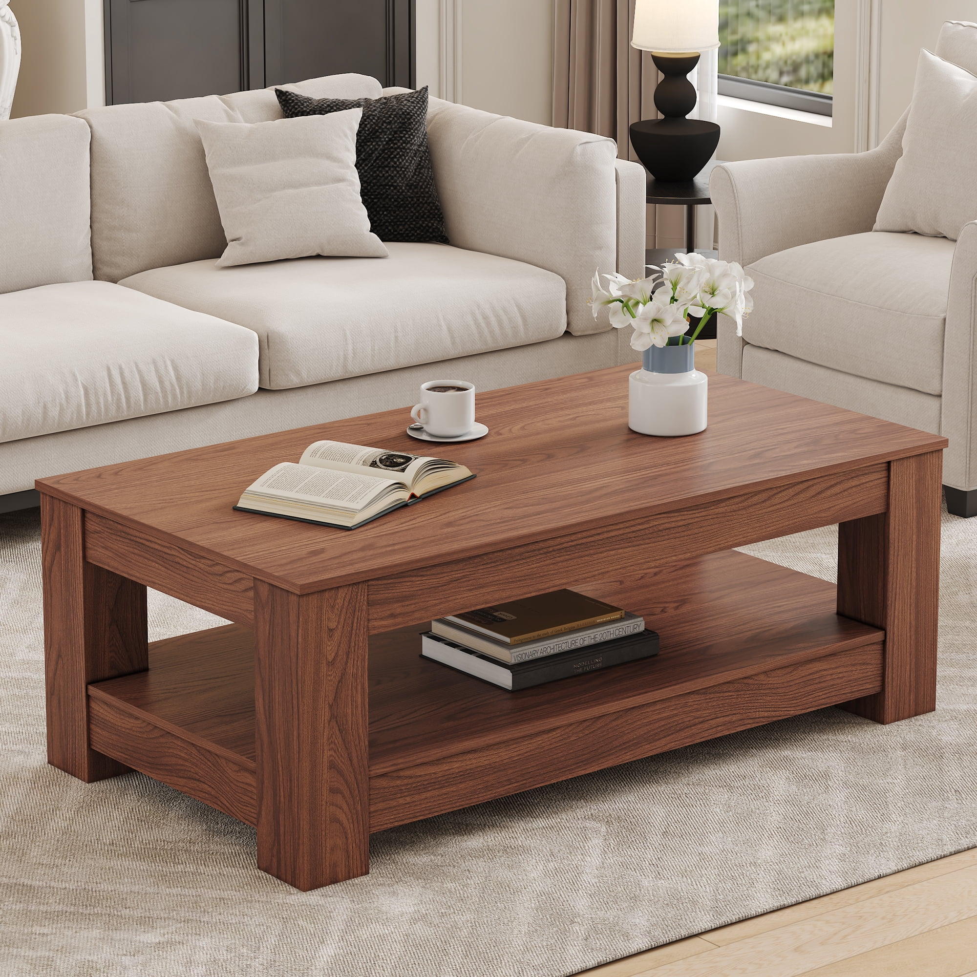 Alvantor Coffee Table Double Layer MDF Industrial for Living Room,43.3",Walnut
