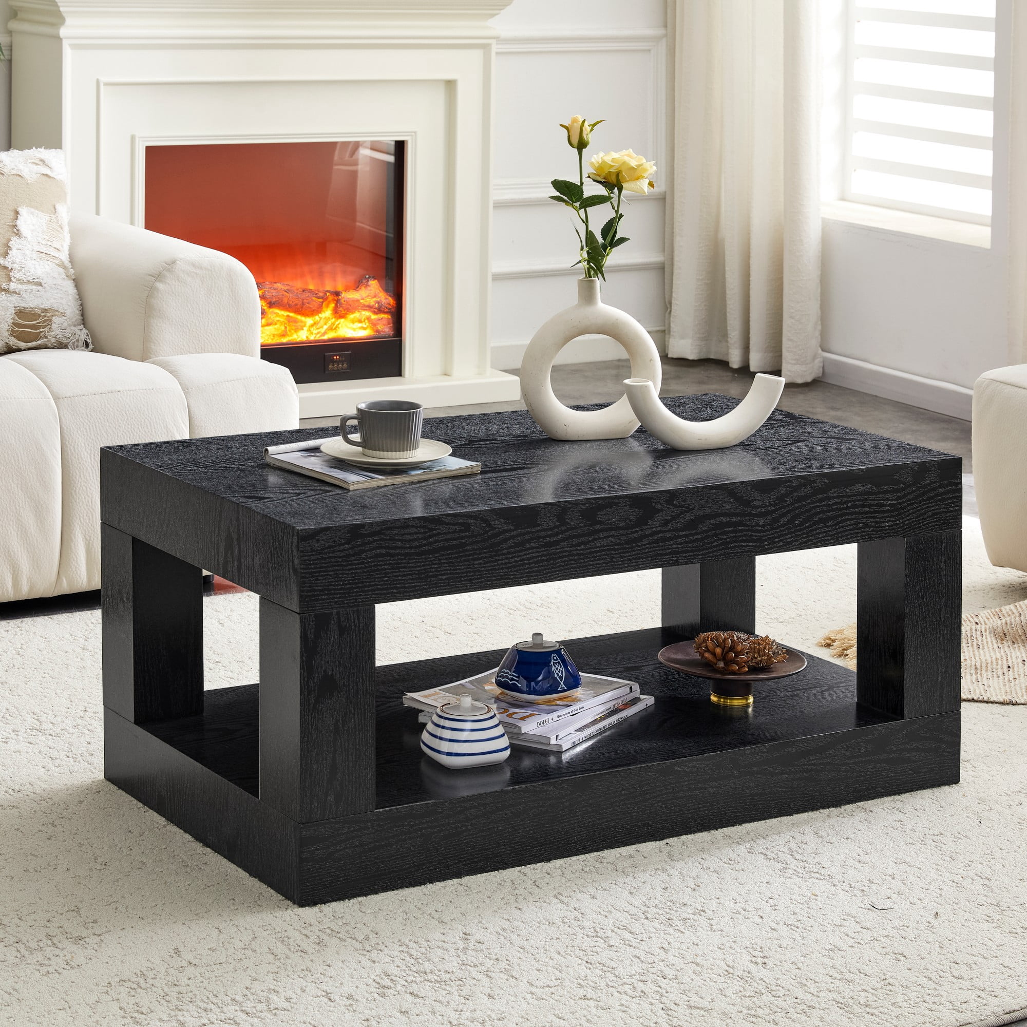 Alvantor 40-Inch Black 2-Tier Coffee Table with Open Shelf
