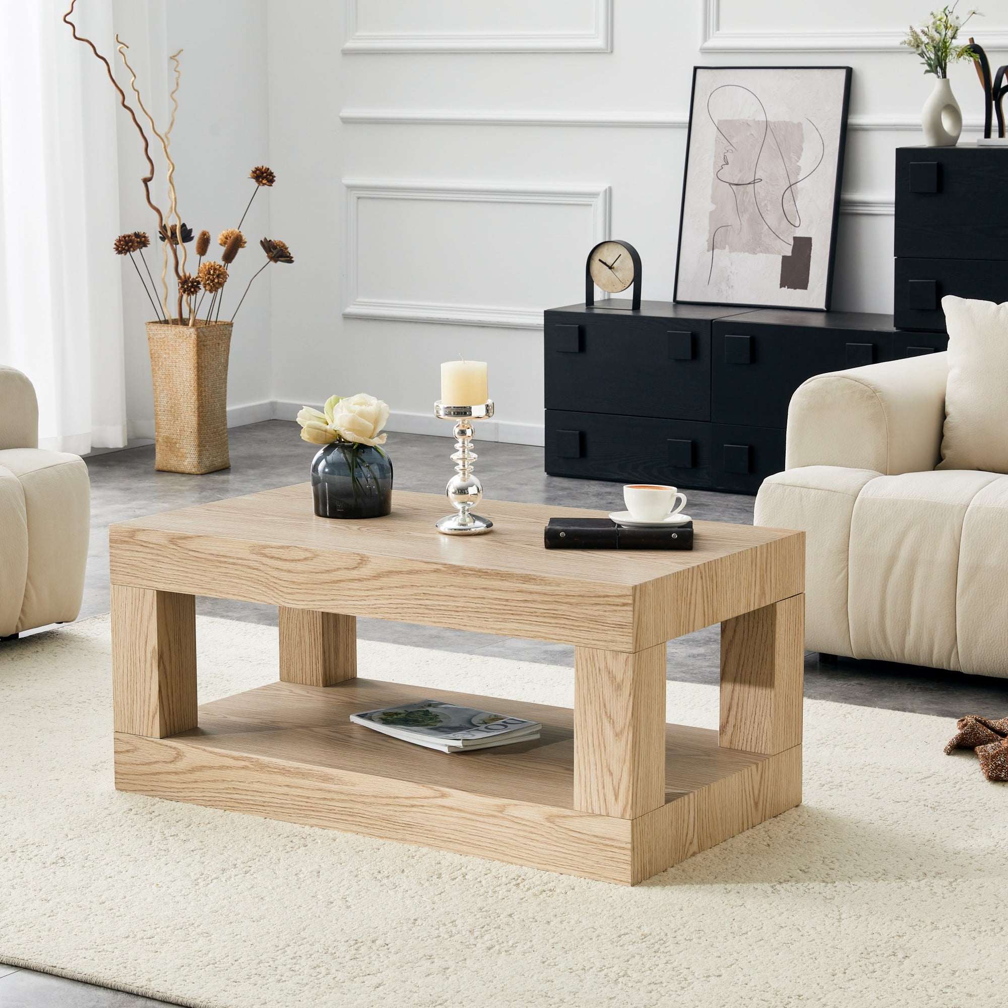 Alvantor Modern 2-Tier Coffee Table with Open Shelf, 40x21x18, Light Wood