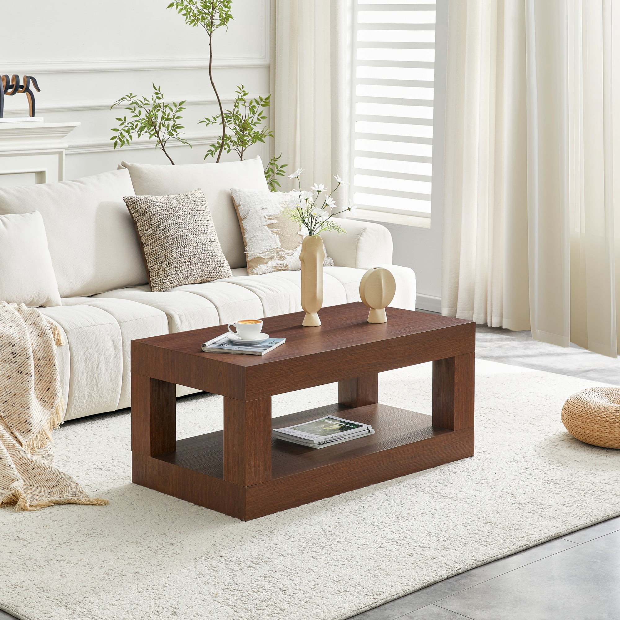 Alvantor Coffee Table Modern 2-Tier with Open Shelf for Living Room, 40"x21"x18", Walnut