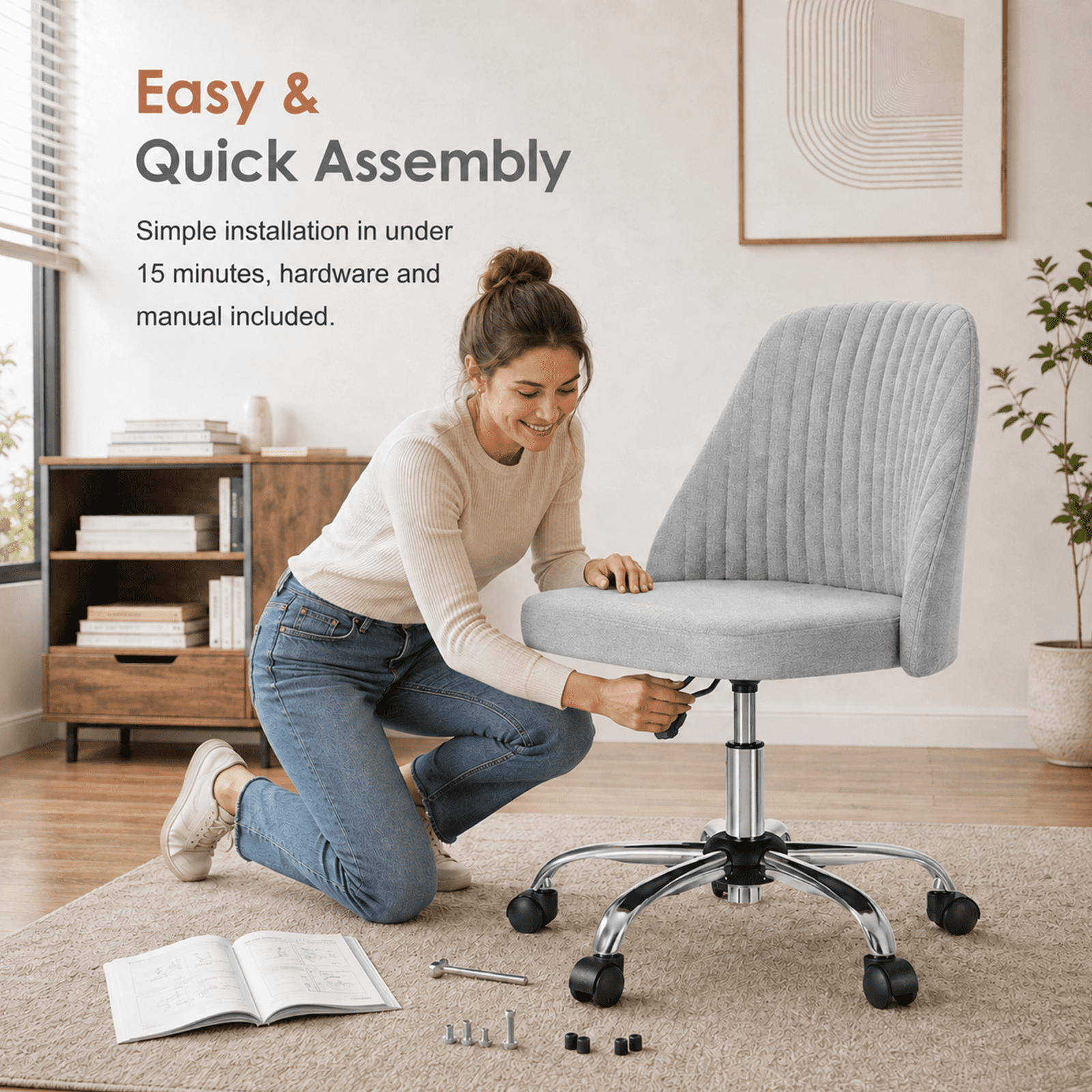 Alvantor Comfy Office Chair, Adjustable Swivel Desk Chair with Wheels, Wide Seating, Modern Fabric Vanity Chair