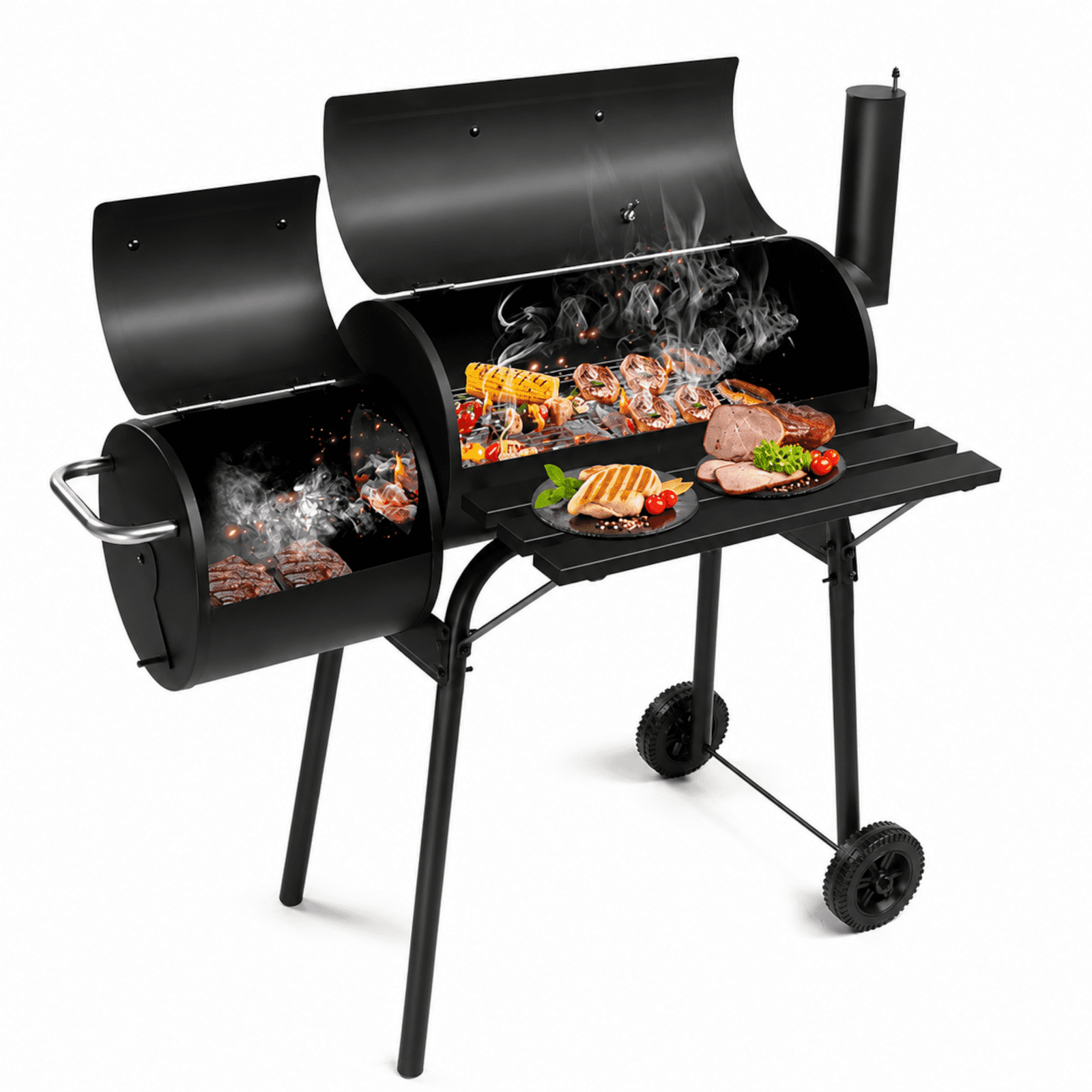 Alvantor Compact Barrel Charcoal Grill with Offset Smoker, Enamel Grates, Metal Front Shelf and Wheels, Black