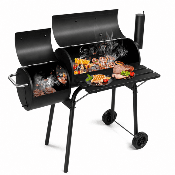 Alvantor Compact Barrel Charcoal Grill with Offset Smoker, Enamel Grates, Metal Front Shelf and Wheels, Black