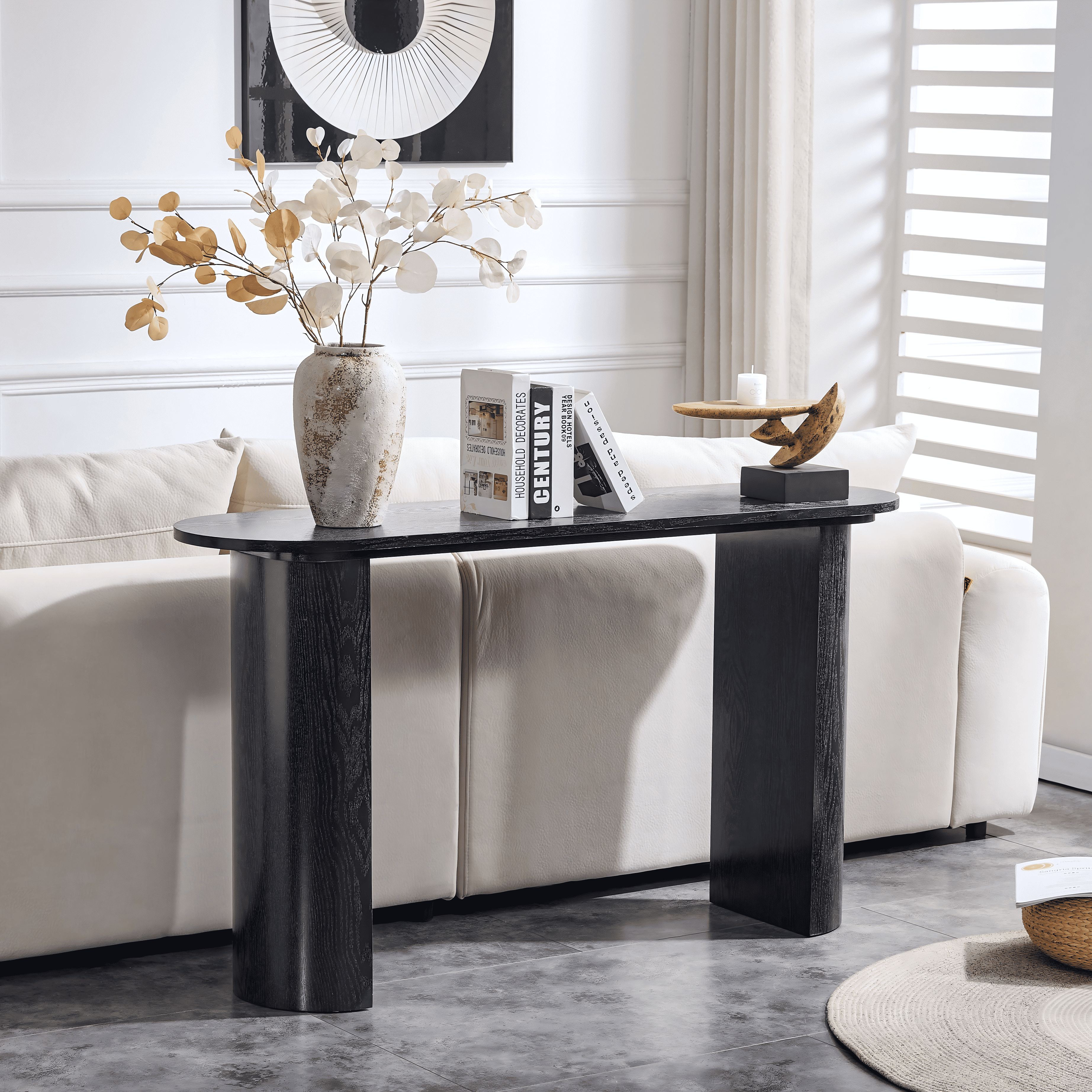 Alvantor Console Table with Curved Matte Black Wood Grain for Entryway, 55" x 15.8"