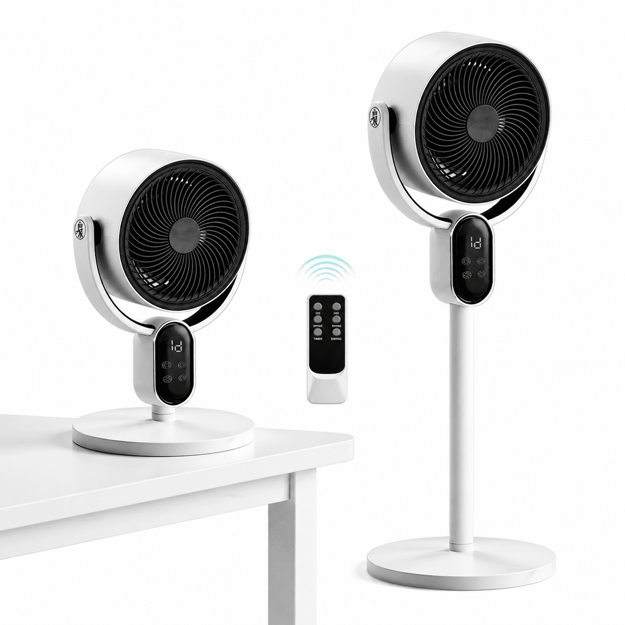 Alvantor 2-in-1 Convertible Desk & Floor Fan, with Remote Control, 3 Speeds, 12H Timer, Black & White