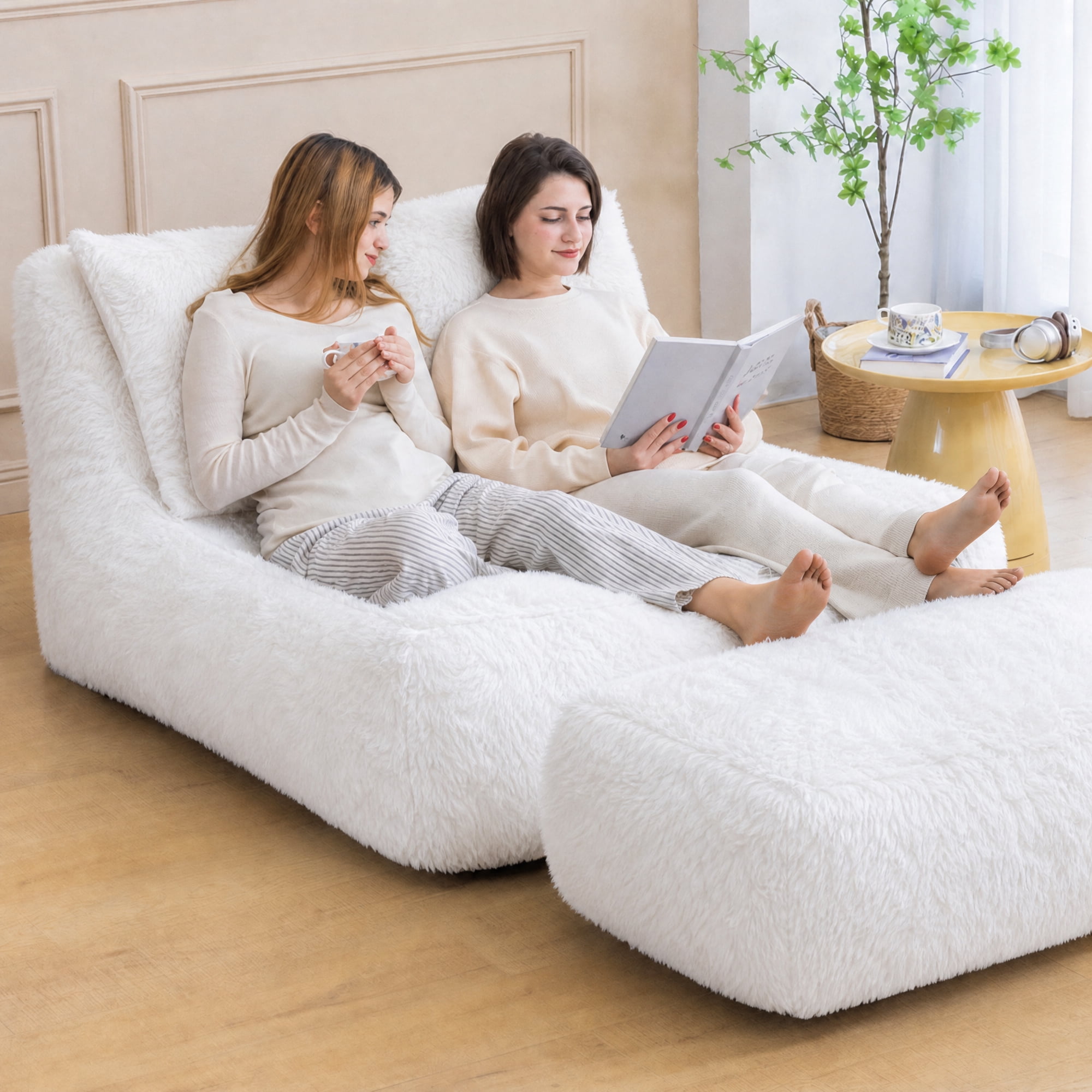 Alvantor Convertible Plush Sofa Bed with Ottoman and Pillow, Oversized Shaggy Faux Fur Floor Sofa, Foam Filled Armless Sleeper for Living Room, Bedroom, Dorm