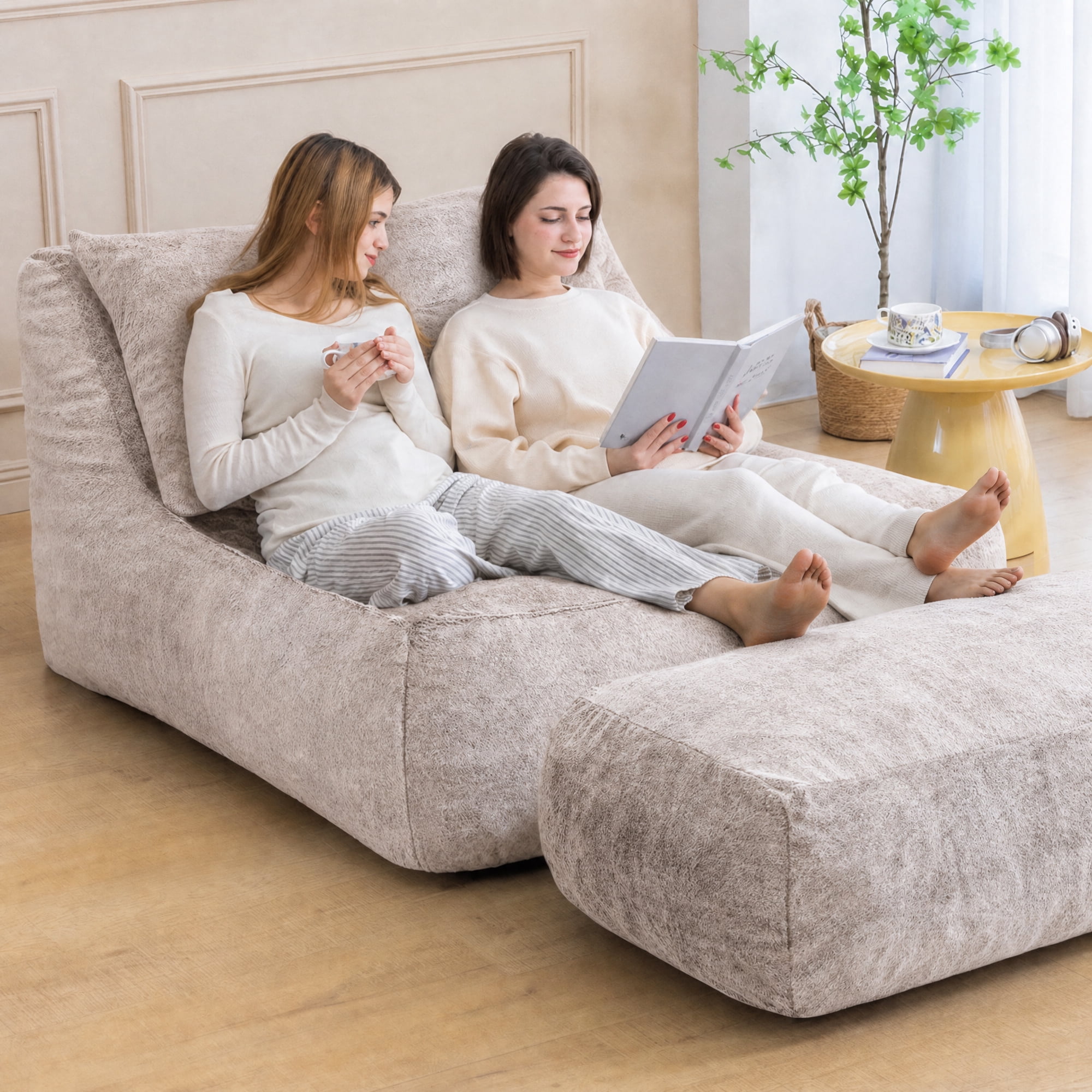 Alvantor Convertible Plush Sofa Bed with Ottoman and Pillow, Oversized Shaggy Faux Fur Floor Sofa, Foam Filled Armless Sleeper for Living Room, Bedroom, Dorm