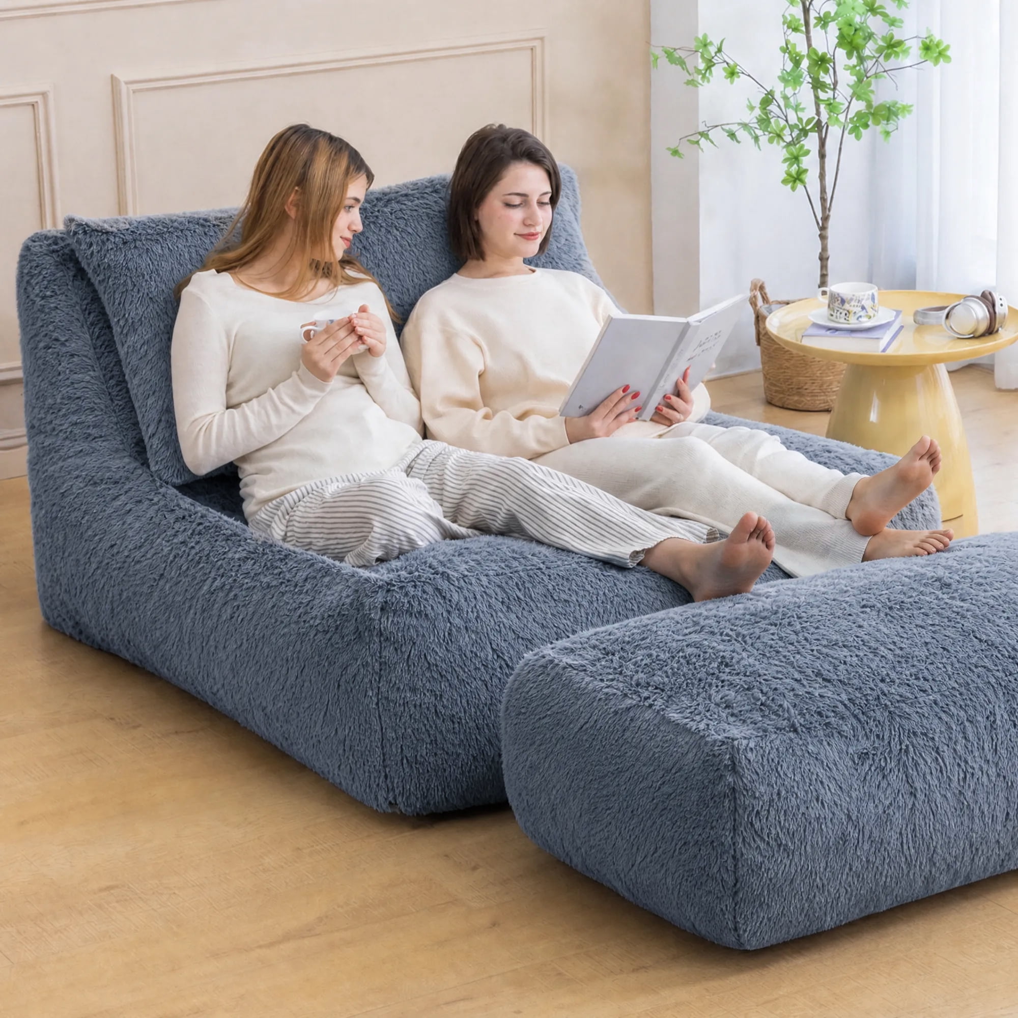 Alvantor Convertible Plush Sofa Bed with Ottoman and Pillow, Oversized Shaggy Faux Fur Floor Sofa, Foam Filled Armless Sleeper for Living Room, Bedroom, Dorm