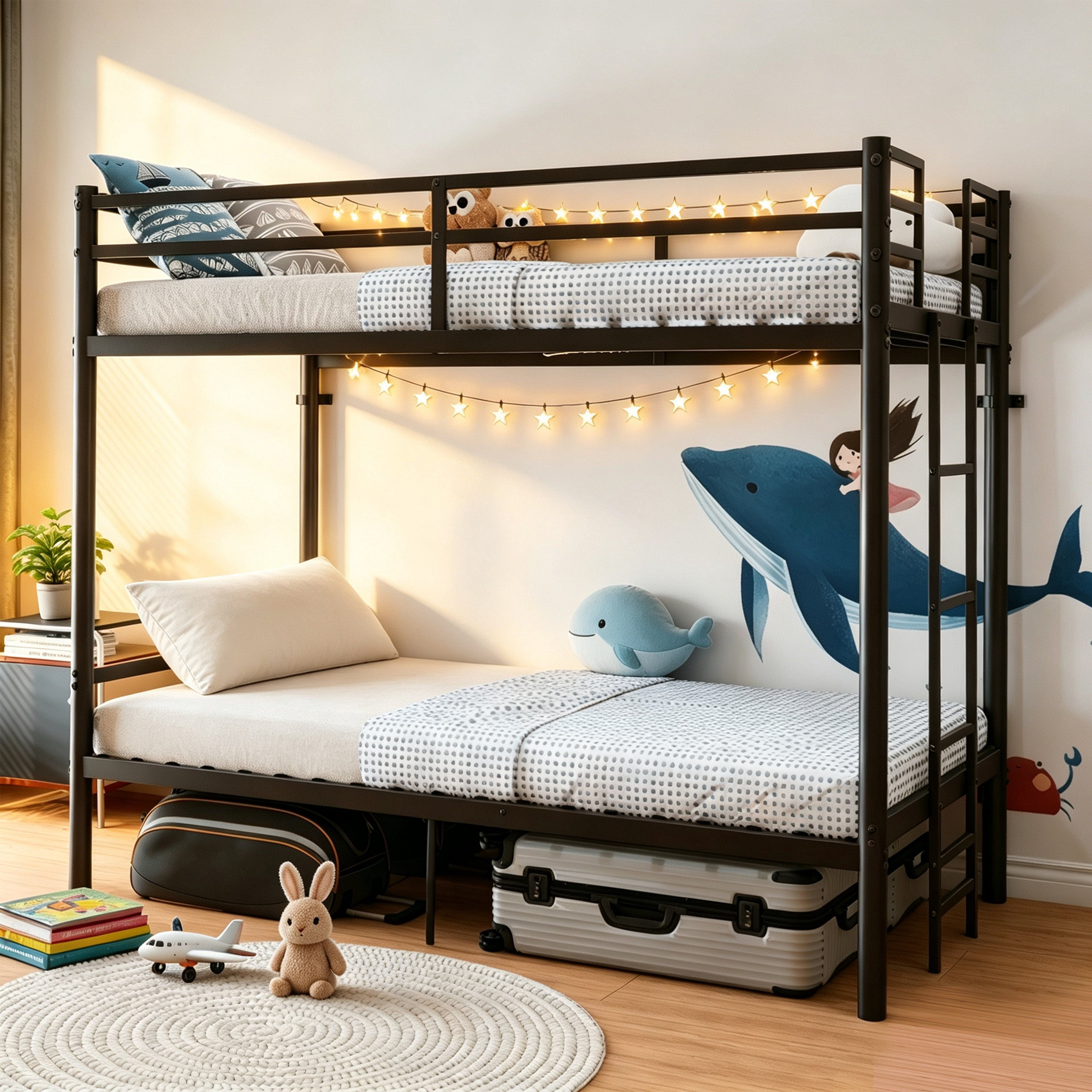 Alvantor Convertible Twin over Twin Metal Bunk Bed with Heavy-Duty Slats, Black