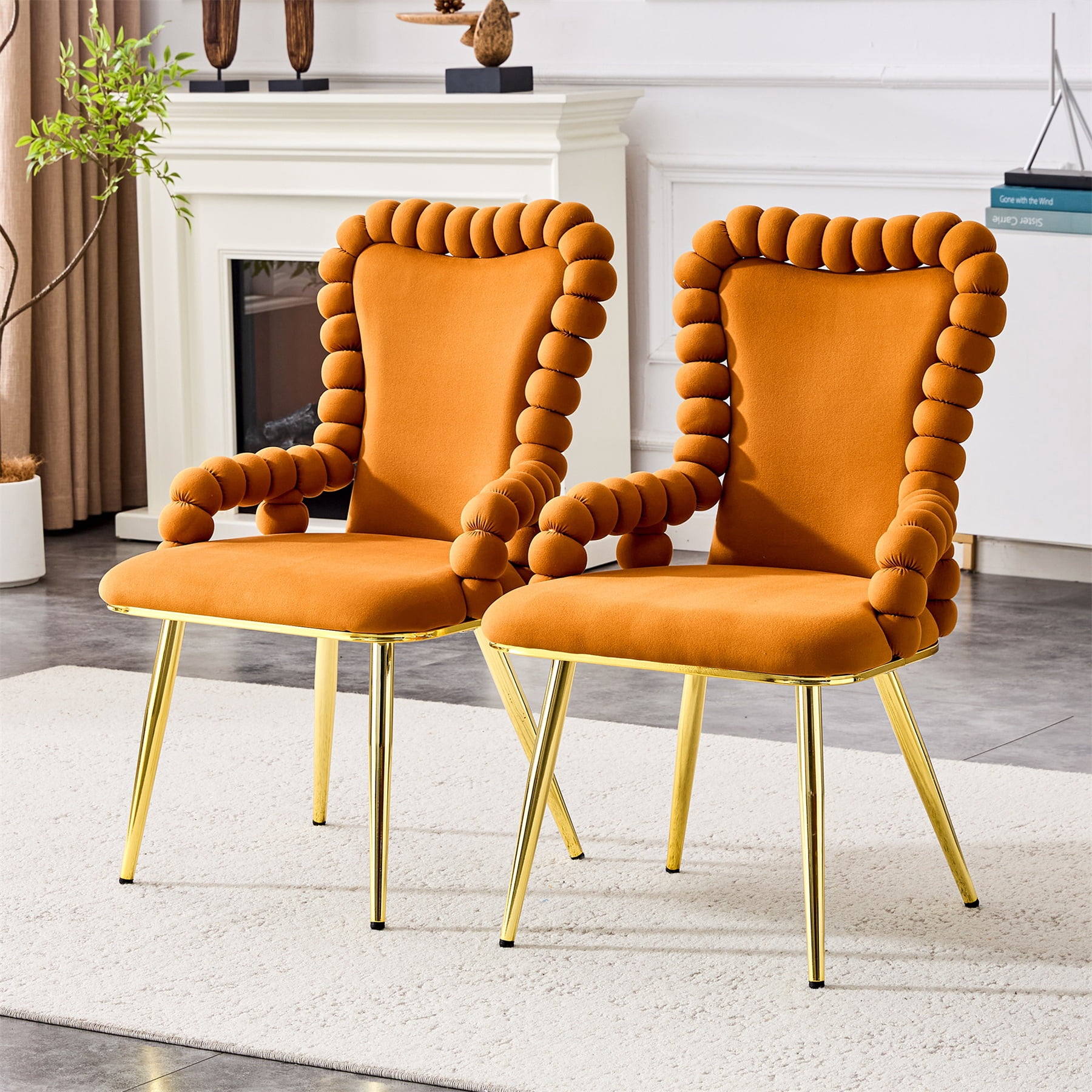 Alvantor Dining Chairs Set of 2, Modern Velvet Bubble Chairs with Armrests & Metal Legs, Upholstered Accent Chairs for Dining Room & Kitchen Orange