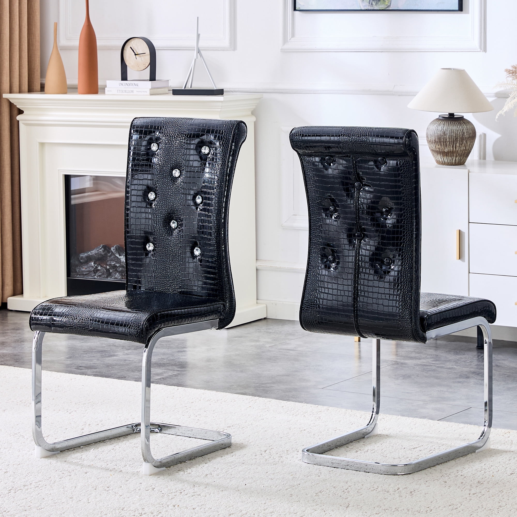 Alvantor Dining Chairs Set of 2, Retro Leather Chairs with Crystal Buckle , Upholstered Accent Chairs for Dining Room & Kitchen Black