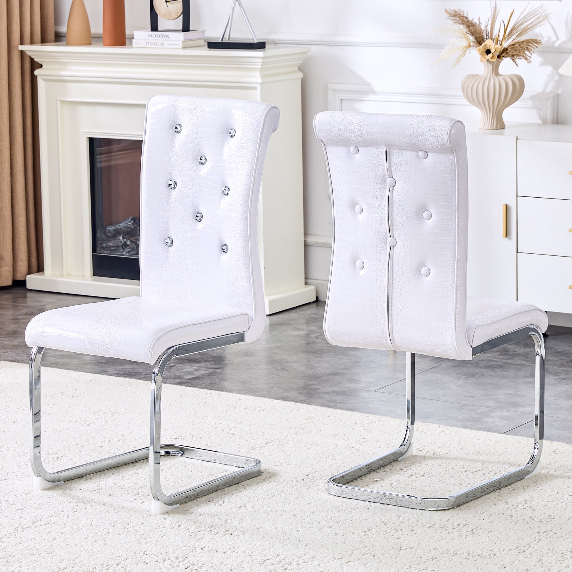 Alvantor Dining Chairs Set of 2, Retro Leather Chairs with Crystal Buckle , Upholstered Accent Chairs for Dining Room & Kitchen White