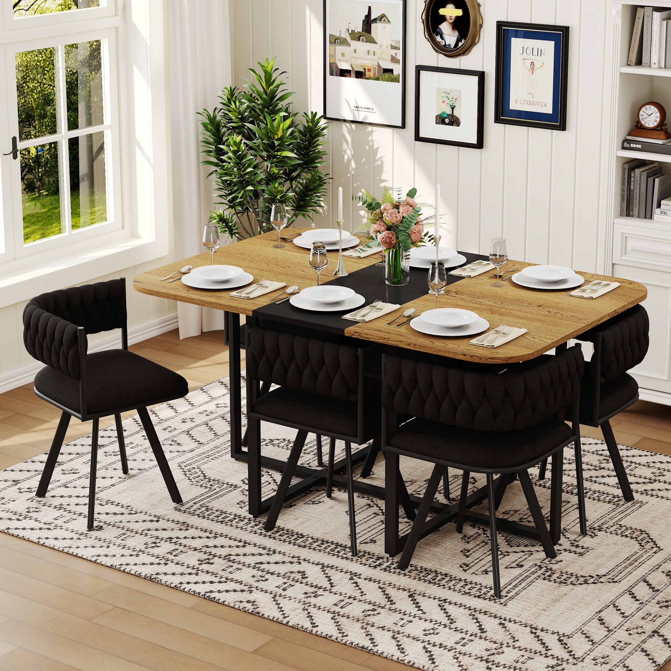 Alvantor 7-Piece Dining Set, Wood Grain Table & Black Velvet Chairs for Modern Small Spaces