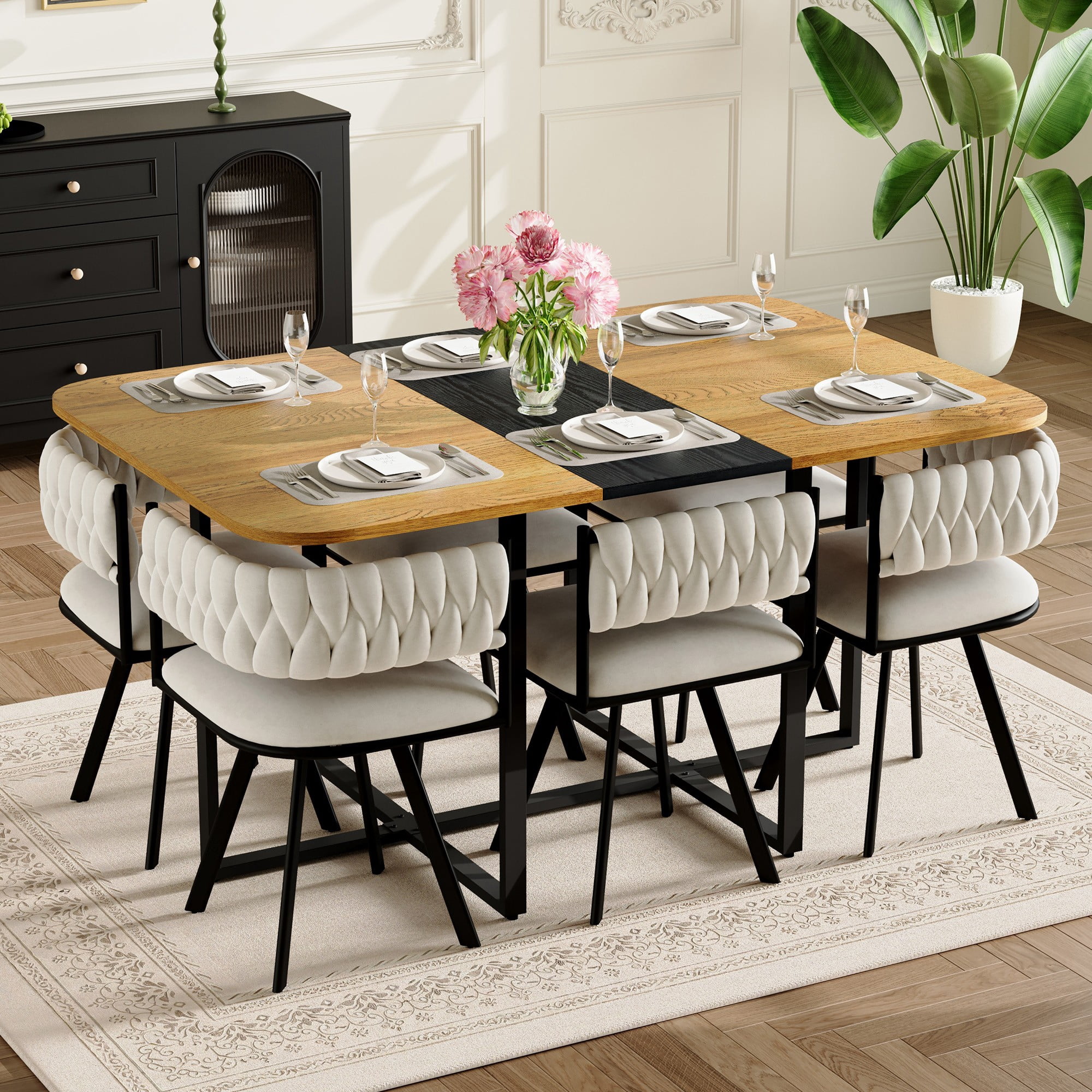 Alvantor 7-Piece Dining Table Set with Velvet Chairs, Wood Grain & Black Finish, Modern Tufted for Small Spaces
