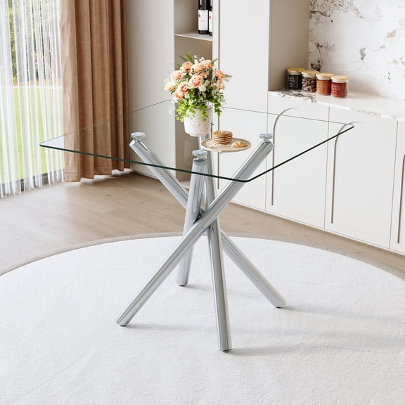Alvantor Dining Table with Electroplated Metal Legs, Square Tempered Glass Top for Home Bar Kitchen Island, Clear, 37.8in