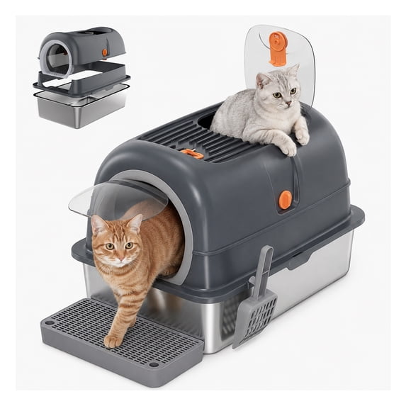 Alvantor Double-Entry Convertible Lid Cat Litter Box, 3-in-1 Stainless Steel Cat Litter Box, 23.62"x15.75"x15.75", Multicolor