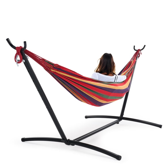 Alvantor Double Hammock with Steel Stand & Carrying Bag, Adjustable Height, 450lbs Capacity, Portable Outdoor Hammock for 2 Adults,Red/Blue/Brown