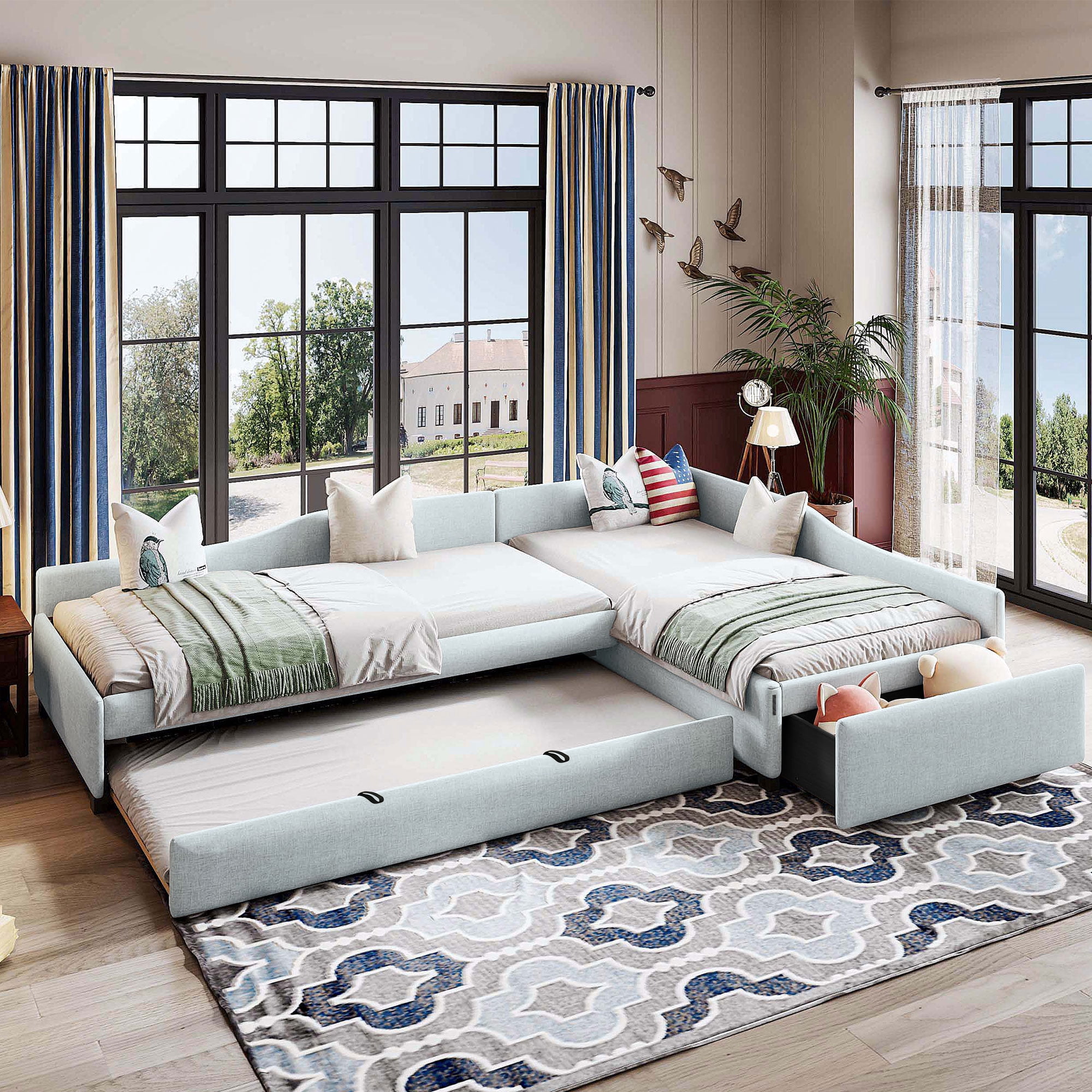 Alvantor Double Twin Daybed with Trundle and Drawer, L-Shaped Upholstered Sofa Bed for Living Room Bedroom, Beige