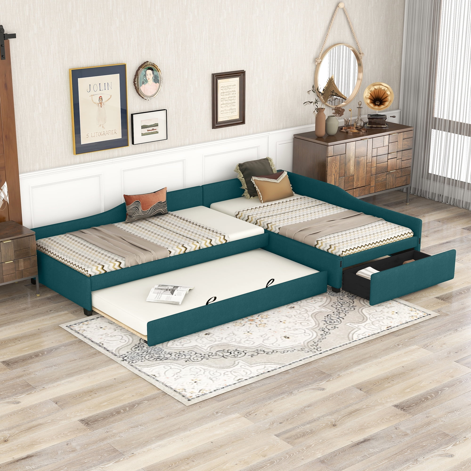 Alvantor Double Twin Daybed with Trundle and Drawer, L-Shaped Upholstered Sofa Bed for Living Room Bedroom, Green