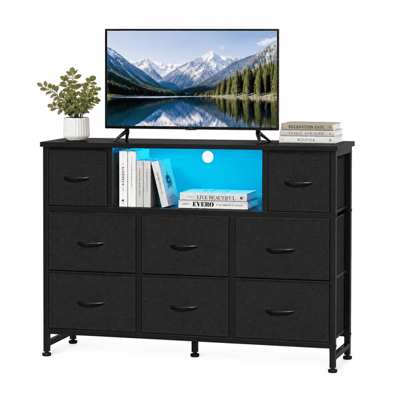 Alvantor Dresser TV Stand for 45, 50, 55 inch TV, Entertainment Center with LED Lights & Charging Station, Chest of Drawers with 8 Fabric Drawers and Open Shelves for Living Room, Hallway, Wood Top
