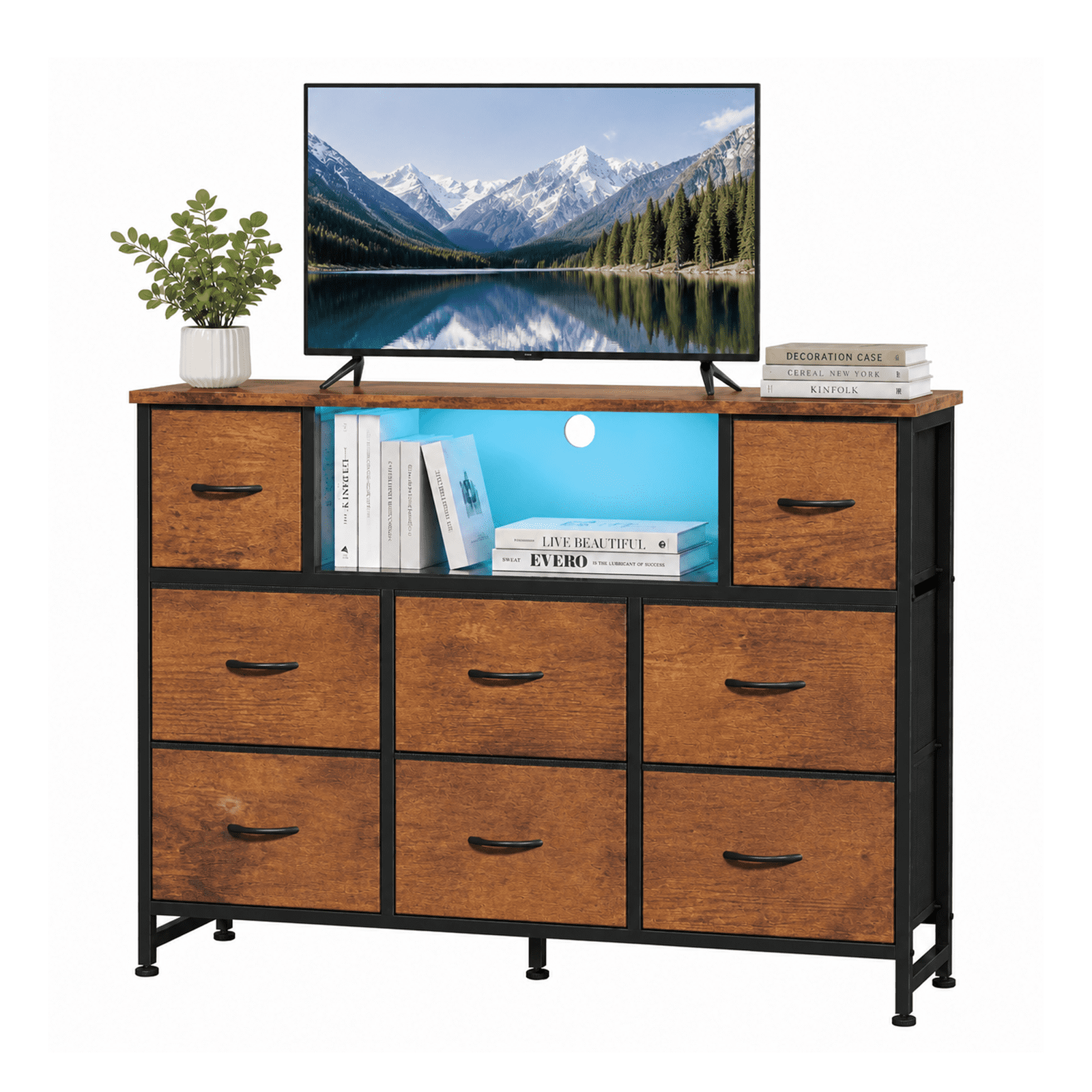Alvantor Dresser TV Stand for 45, 50, 55 inch TV, Entertainment Center with LED Lights & Charging Station, Chest of Drawers with 8 Fabric Drawers and Open Shelves for Living Room, Hallway, Wood Top