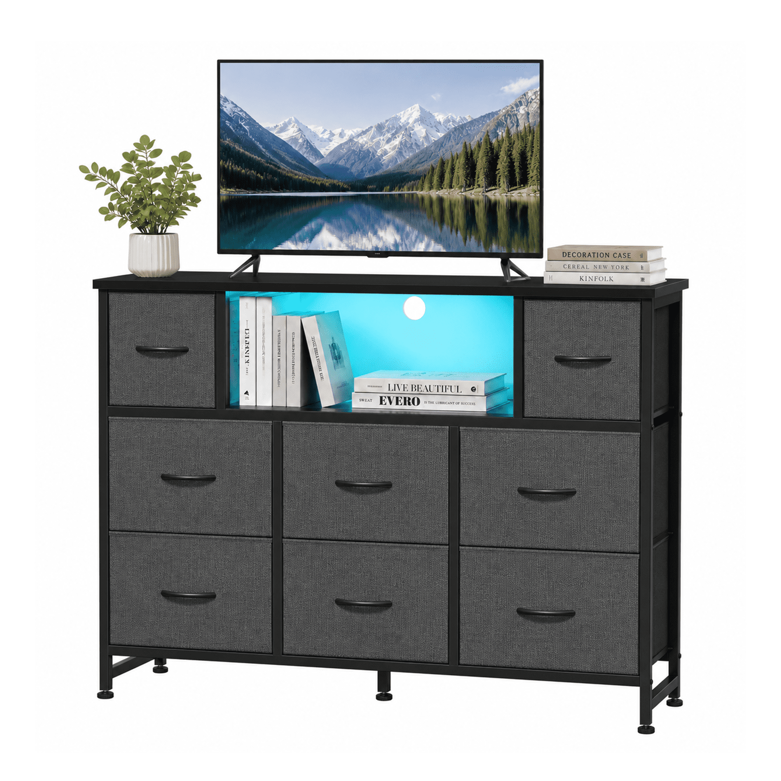 Alvantor Dresser TV Stand for 45, 50, 55 inch TV, Entertainment Center with LED Lights & Charging Station, Chest of Drawers with 8 Fabric Drawers and Open Shelves for Living Room, Hallway, Wood Top