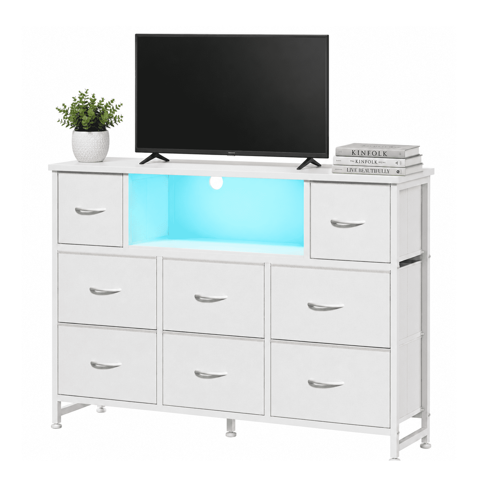 Alvantor Dresser TV Stand for 45, 50, 55 inch TV, Entertainment Center with LED Lights & Charging Station, Chest of Drawers with 8 Fabric Drawers and Open Shelves for Living Room, Hallway, Wood Top