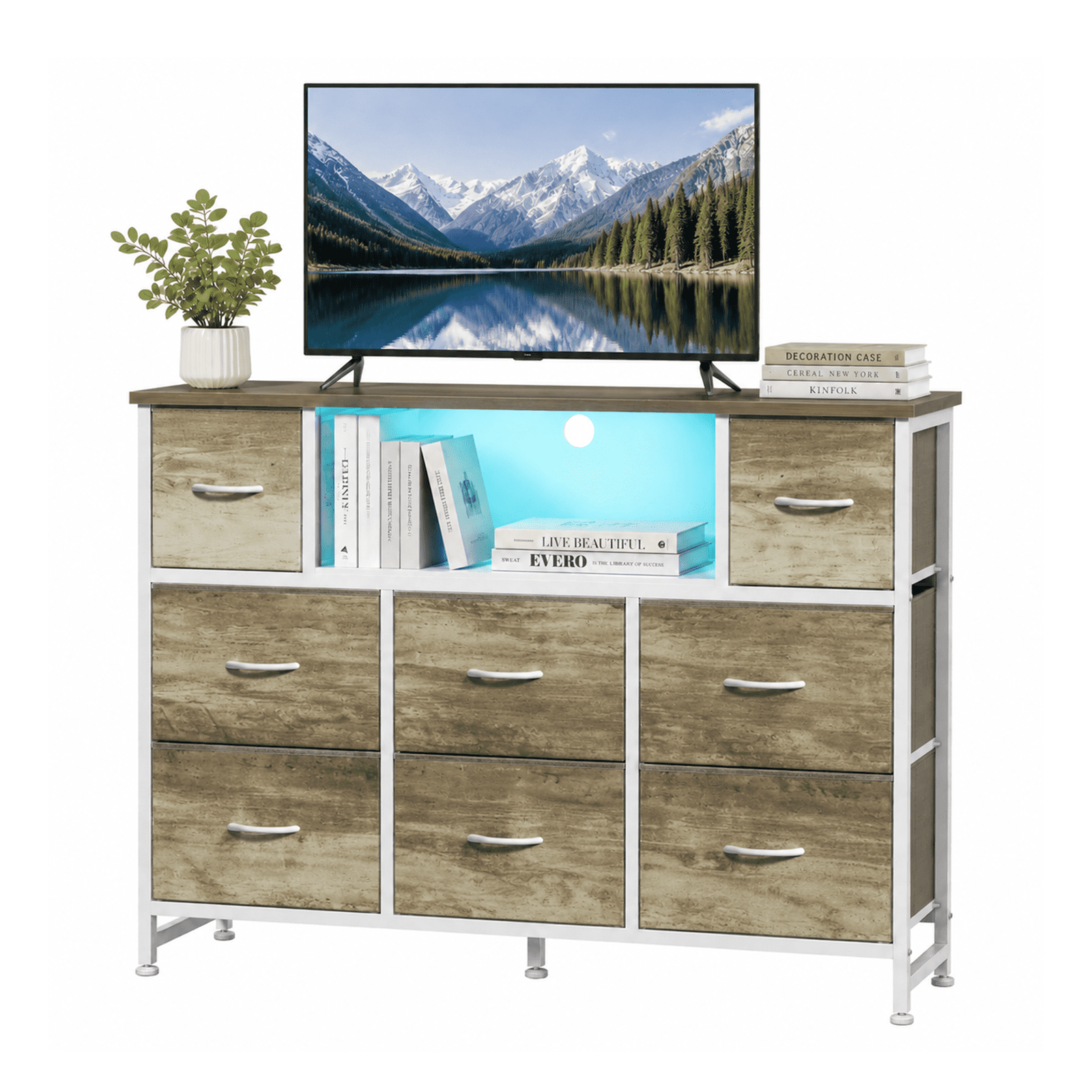 Alvantor Dresser TV Stand for 45, 50, 55 inch TV, Entertainment Center with LED Lights & Charging Station, Chest of Drawers with 8 Fabric Drawers and Open Shelves for Living Room, Hallway, Wood Top