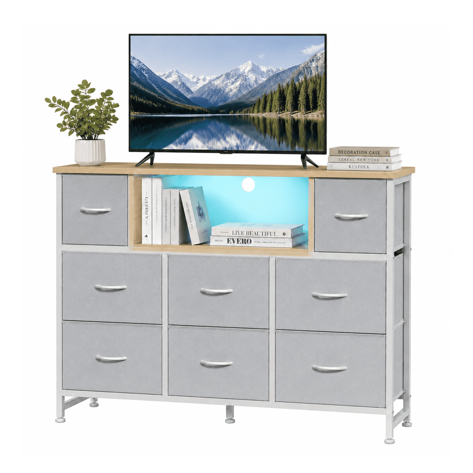 Alvantor Dresser TV Stand for 45, 50, 55 inch TV, Entertainment Center with LED Lights & Charging Station, Chest of Drawers with 8 Fabric Drawers and Open Shelves for Living Room, Hallway, Wood Top