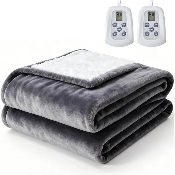 Alvantor Electric Heated Blanket, Dual Zone Control, 10 Heat Settings, Auto-off, Flannel Sherpa Fabric