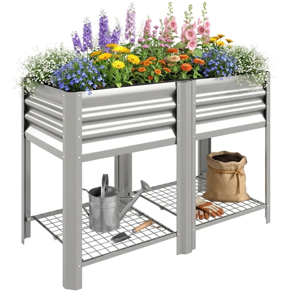 Alvantor Elevated Raised Garden Bed with Storage Shelf, Galvanized Planter Box 47.2"x21.7"x31.5" Sliver