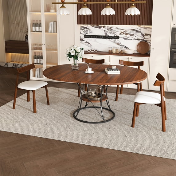Alvantor Extendable Round Dining Table Set for 4-6 People with 4 Solid Wood Chairs, Modern Wood Farmhouse Table with Storage Shelf & Metal Base Perfect for Small Space Walnut