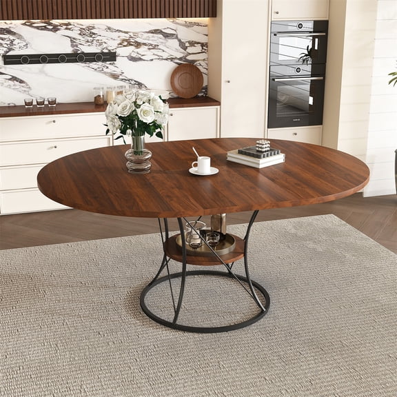 Alvantor Extendable Round Dining Table for 4-6 People, Modern Wood Farmhouse Table with Storage Shelf & Metal Base Perfect for Small Space Walnut
