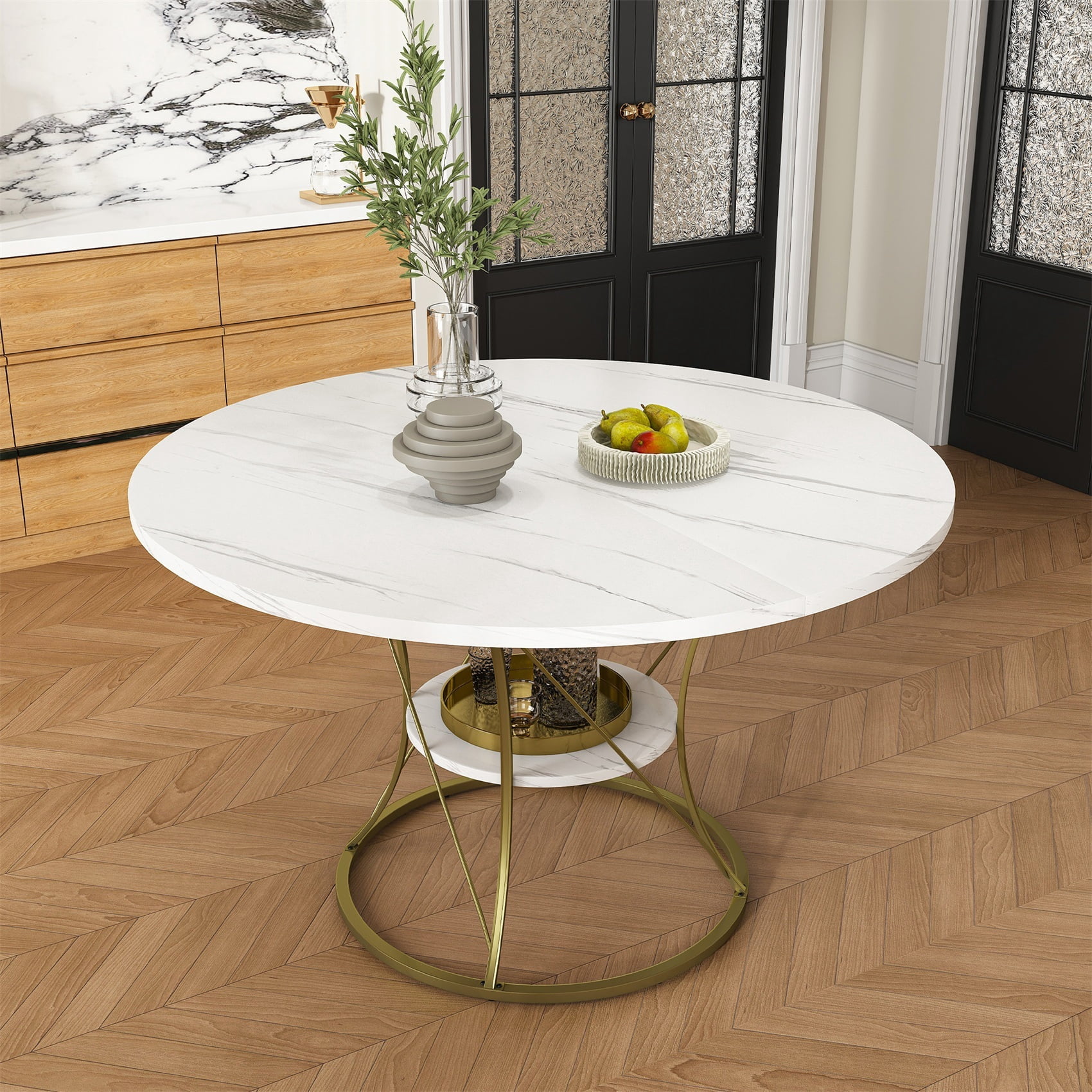 Alvantor Extendable Round Dining Table for 4-6 People, Modern Wood Farmhouse Table with Storage Shelf & Metal Base Perfect for Small Space White