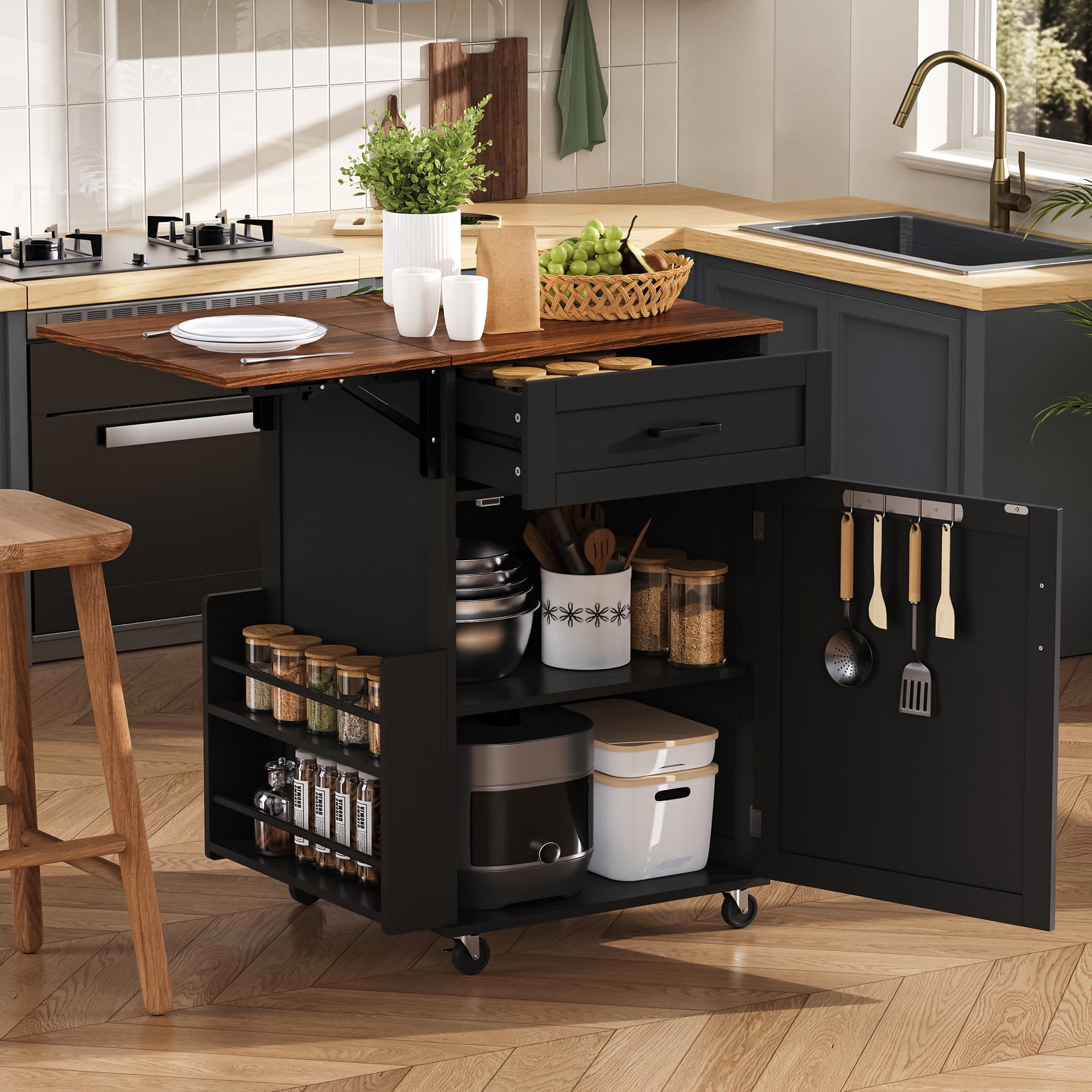 Alvantor Farmhouse Kitchen Island with Drop Leaf, 39.3" W Rolling Kitchen Cart with Side Rack for Dining Room Black