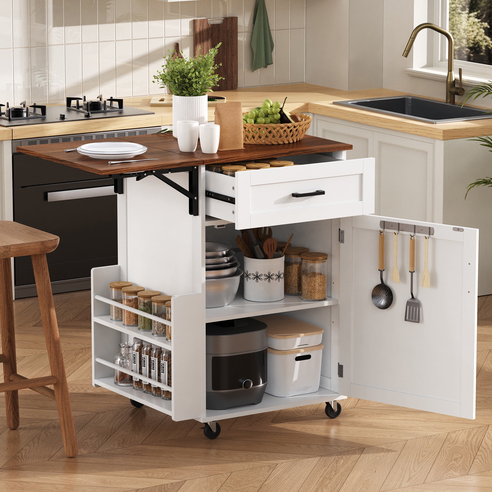 Alvantor Farmhouse Kitchen Island with Drop Leaf, 39.3" W Rolling Kitchen Cart with Side Rack for Dining Room White