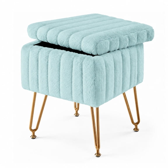 Alvantor Faux Fur Storage Ottoman Stool with Padded Seat and Gold Metal Legs, Mint Green, 15.94 x 12.20 x 19.09 in