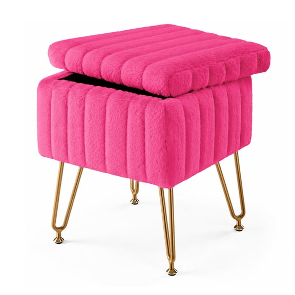 Alvantor Faux Fur Storage Ottoman Stool with Padded Seat and Gold Metal Legs, Rose Red, 15.94 x 12.20 x 19.09 in