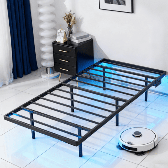 Alvantor Floating Twin Metal Platform Bed Frame, LED Lights & Power Outlet, 14 inch Height, No Box Spring Needed, Black