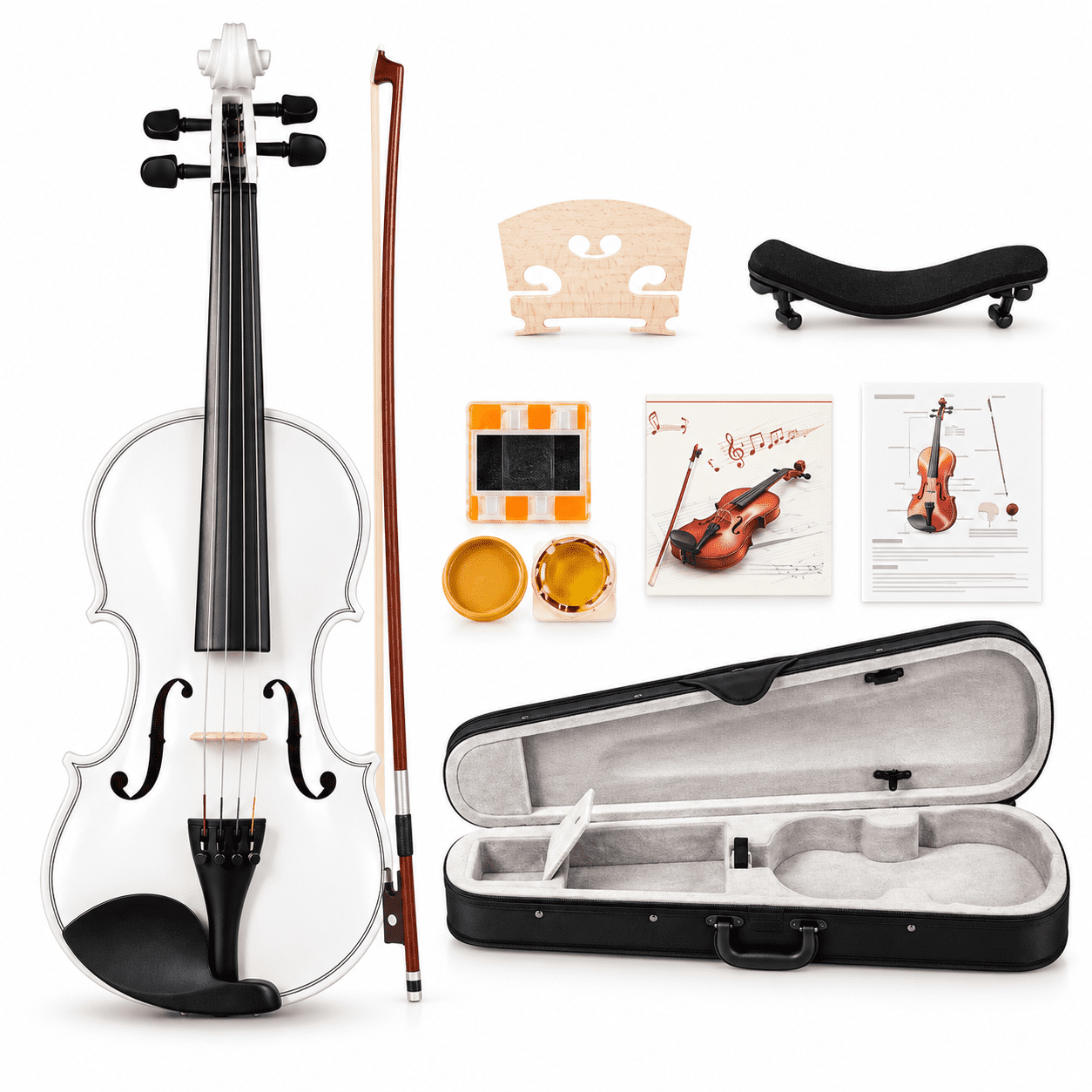 Alvantor Full-Size 4/4 Spruce and Maple Acoustic Violin Set for Adult and Student Players, Matte White