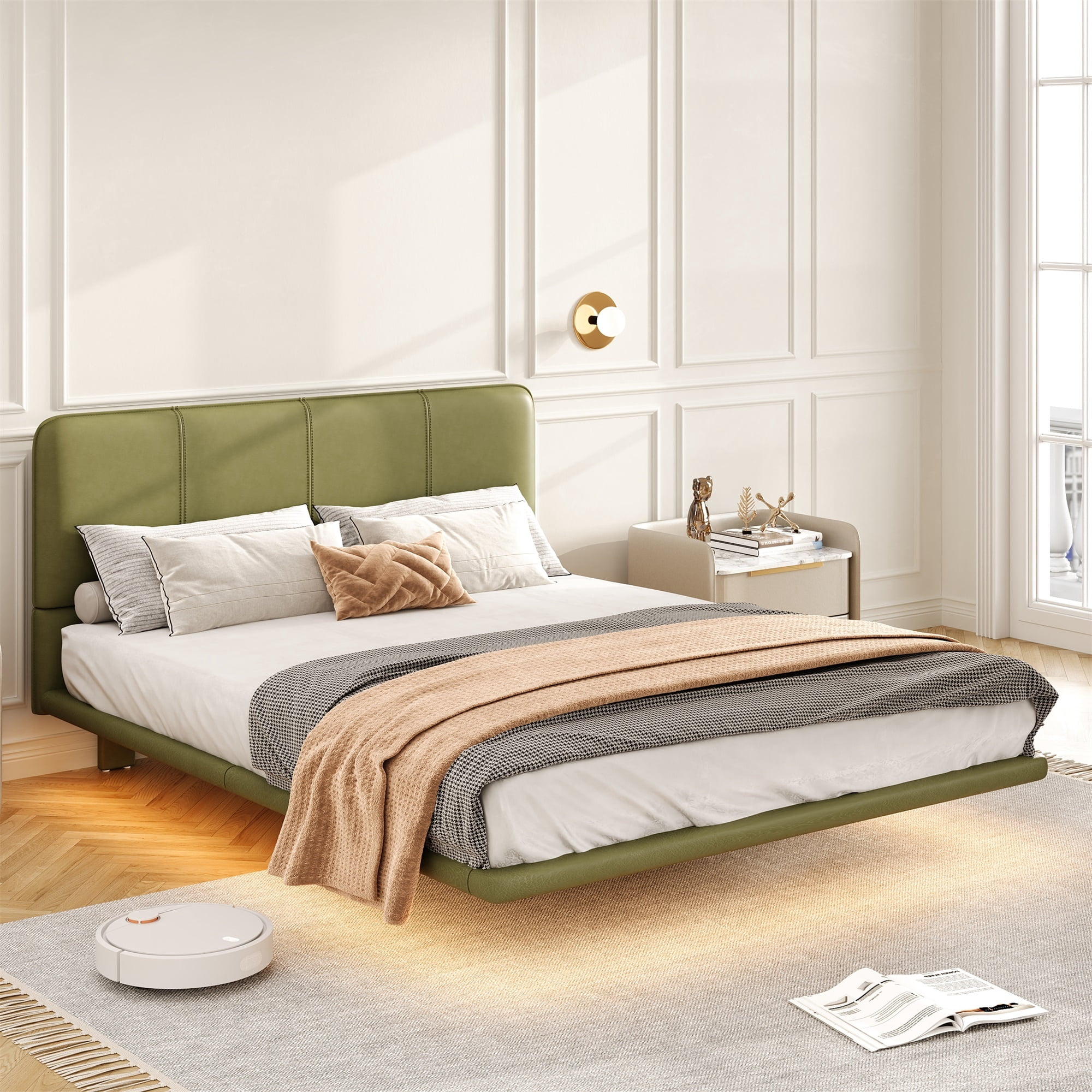 Alvantor Full Size Floating Bed Frame with LED Lights, Upholstered Leather Platform Bed for Bedroom Green